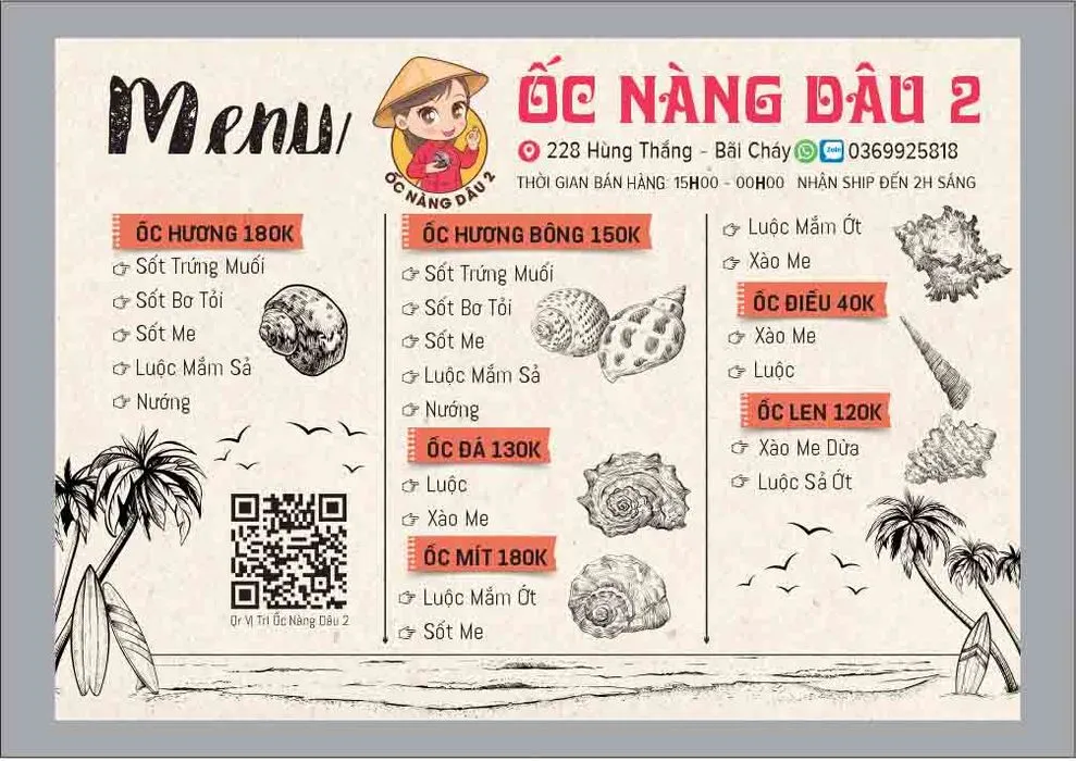 Menu Ốc Nàng Dâu 2 – Thực Đơn Hải Sản Đường Phố CDR