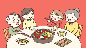 File vector AI minh họa gia đình quây quần ăn lẩu vui vẻ ngày Tết đoàn viên