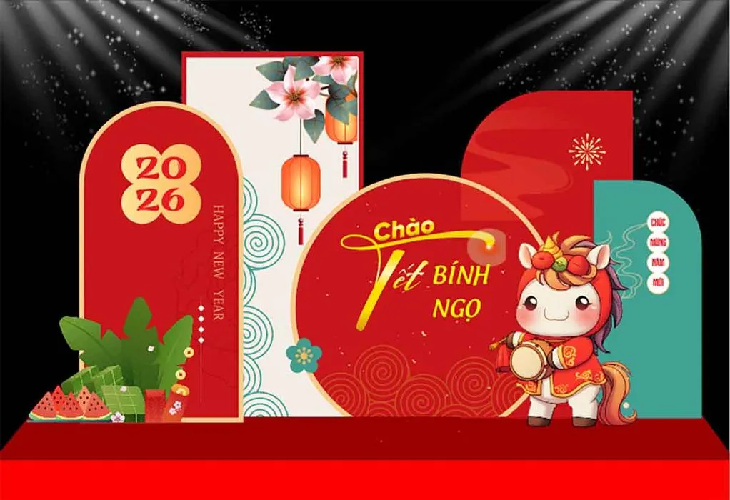 Chào Tết Bính Ngọ 2026 – Background trang trí xuân đỏ vàng - File corel