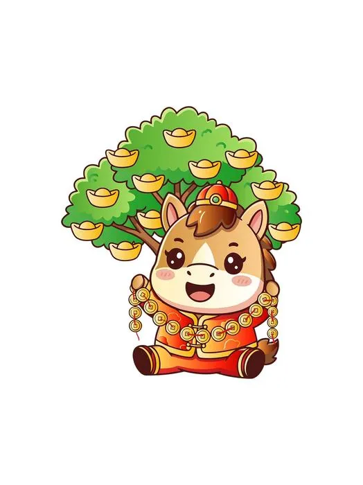File EPS Chú ngựa hoạt hình tết ngồi dưới cây vàng ôm chuỗi tiền xu cổ.
