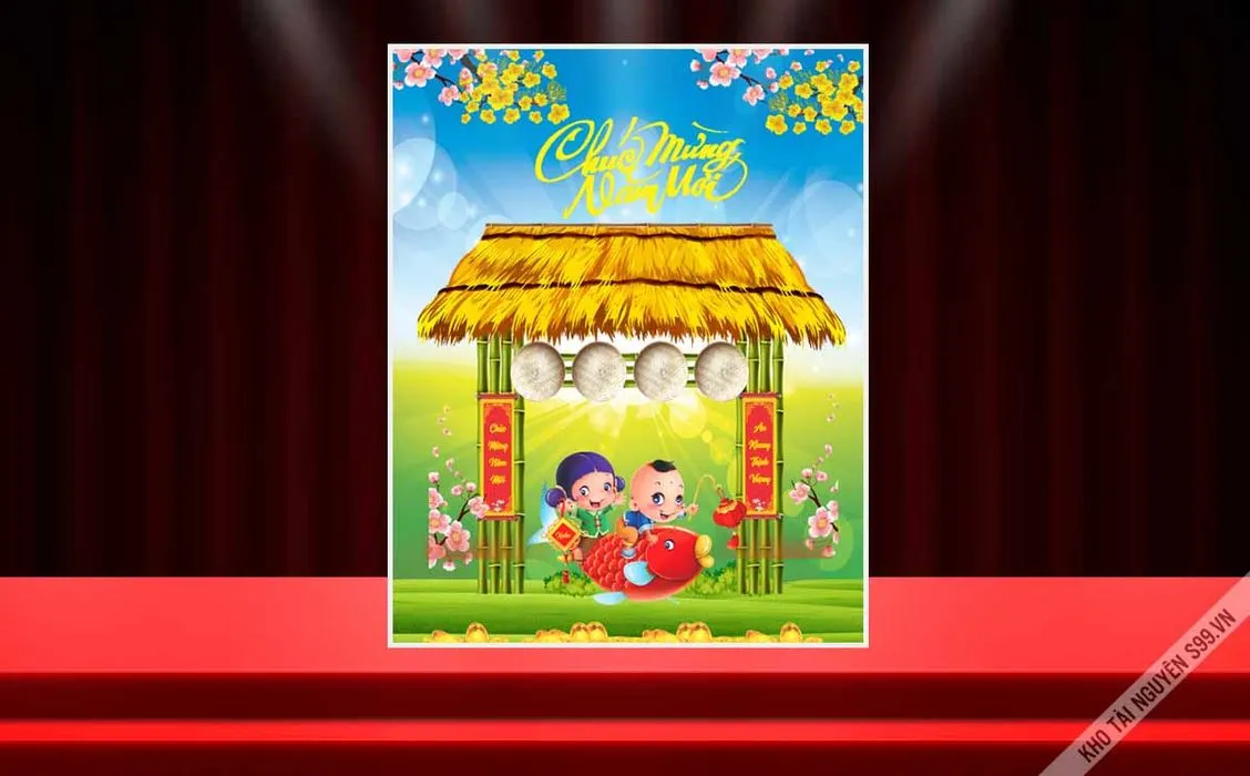 Hình ảnh bé cưỡi cá chép đón xuân bên cổng làng mái tranh đồng quê File corel