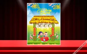 Hình ảnh bé cưỡi cá chép đón xuân bên cổng làng mái tranh đồng quê File corel