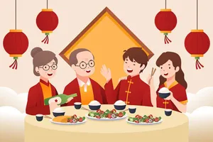 Hình ảnh vector AI bữa cơm sum vầy ngày Tết cùng đèn lồng đỏ truyền thống