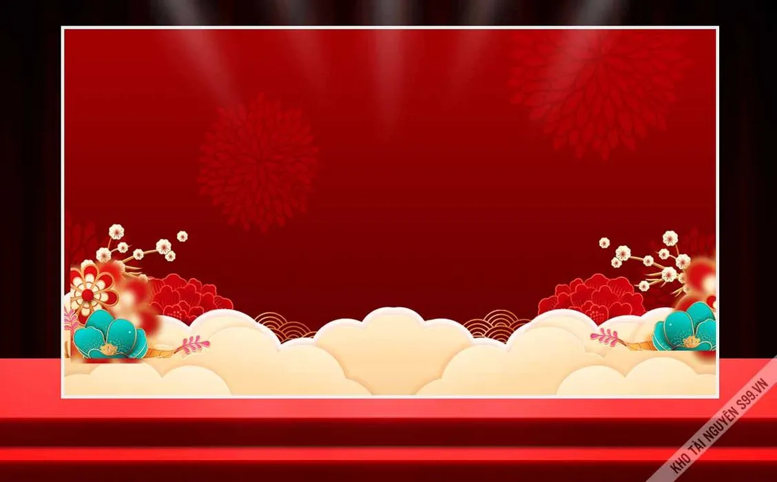 File corel Background phông nền Tết màu đỏ khung viền hoa xuân và mây vector