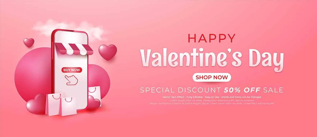 Banner Valentine mua sắm online giảm giá hồng pastel File EPS