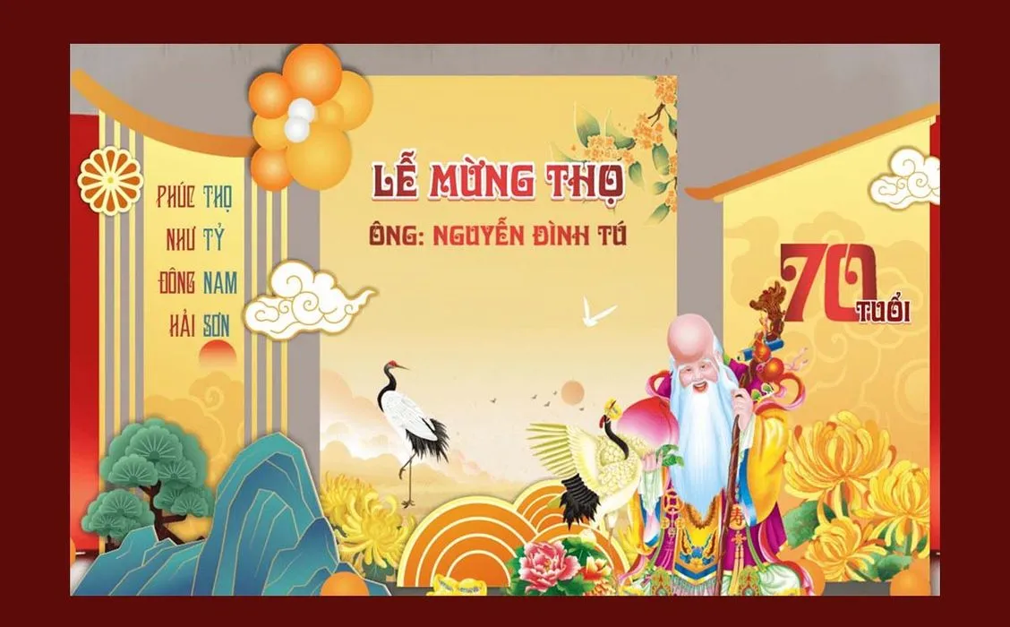 Backdrop Lễ Mừng Thọ 70 Tuổi Ông Thọ Cầm Gậy Đào Chim Hạc Hoa Cúc File Corel