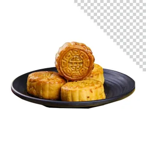 Đĩa bánh trung thu truyền thống vàng óng đẹp mắt - File PNG