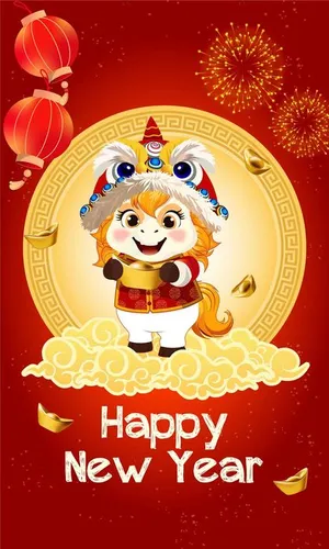 Thiệp chúc mừng năm mới 2026 hoạt hình chú ngựa dễ thương cầm vàng - Happy New Year PNG
