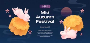 Hai chú thỏ bên đĩa bánh trung thu và ấm trà.