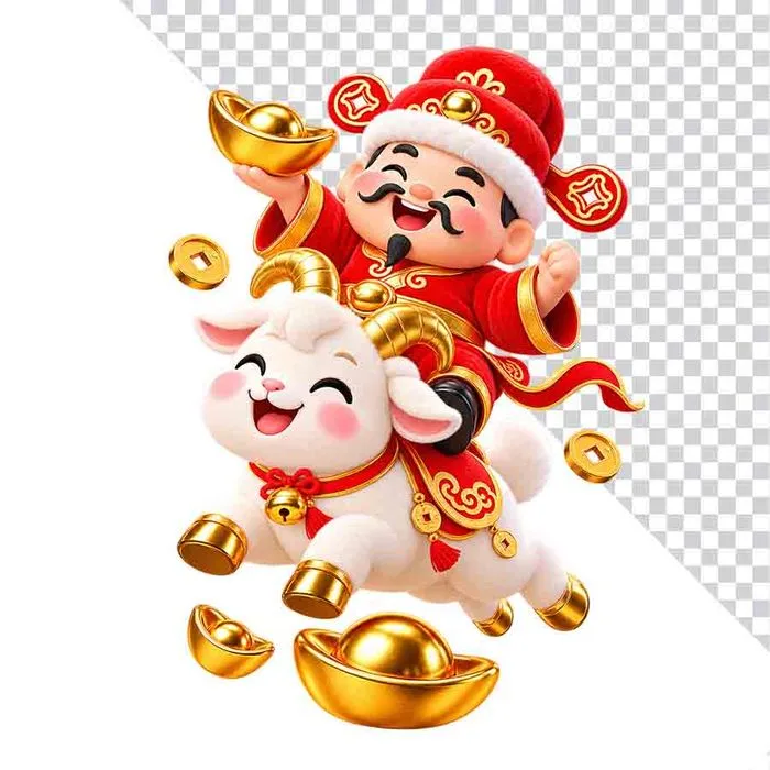 File PNG - Ông Thần Tài một tay nâng thỏi vàng cưỡi dê trắng vung tay phát lộc