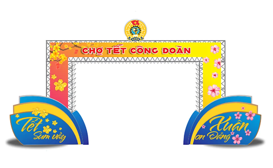 Cổng chào chợ Tết Công đoàn Tết sum vầy Xuân ơn đảng File Corel