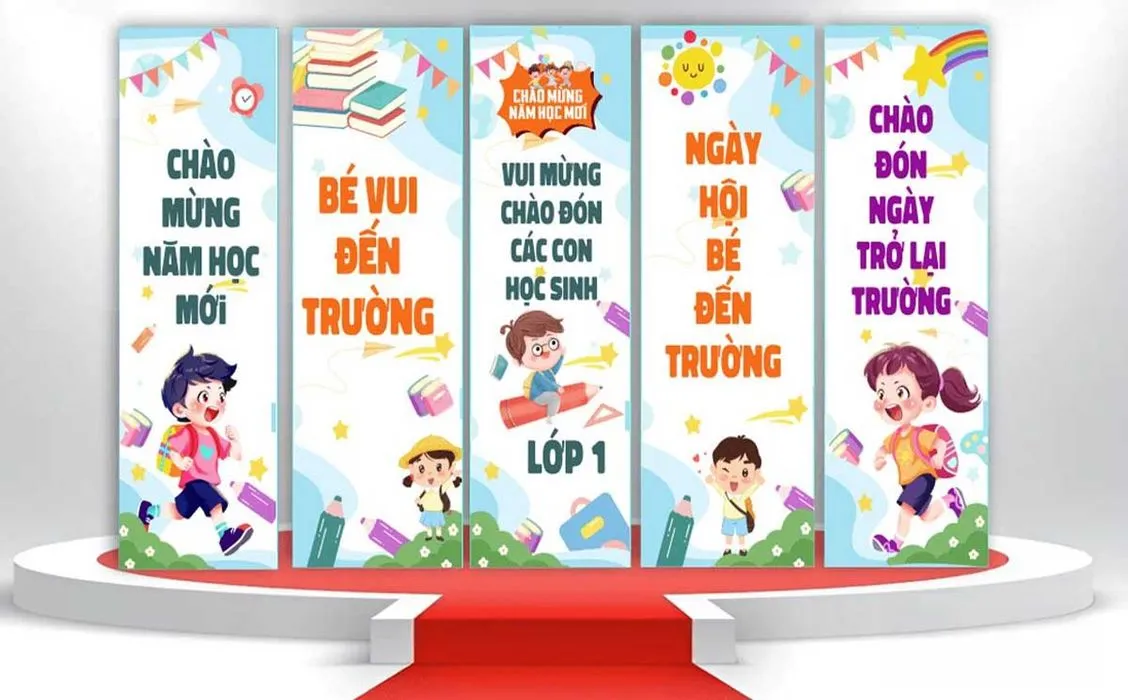 Phướn dọc chào mừng năm học mới - bé vui đến trường  file corel