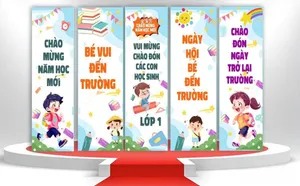 Phướn dọc chào mừng năm học mới - bé vui đến trường  file corel