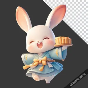 Thỏ Ngọc mặc áo truyền thống cầm bánh trung thu file PNG