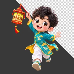 File PNG - Hình ảnh em bé trai mặc áo dài xanh cầm đèn lồng kéo quân 