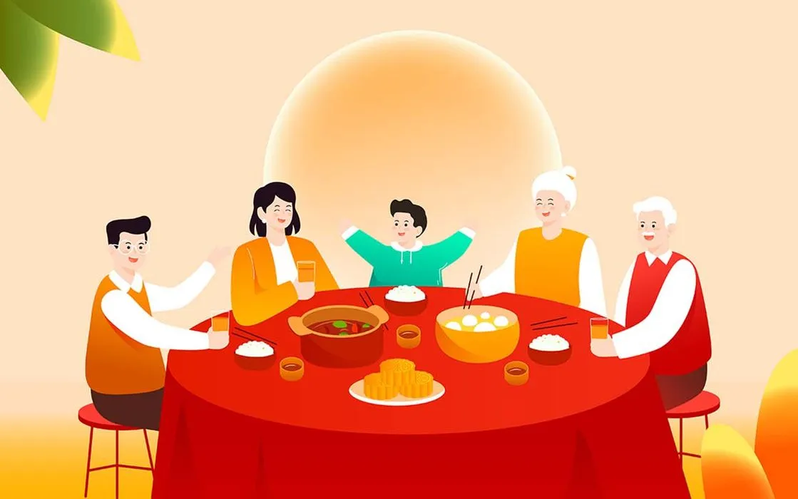 File vector AI minh họa gia đình sum họp bên mâm bánh trung thu và đèn lồng