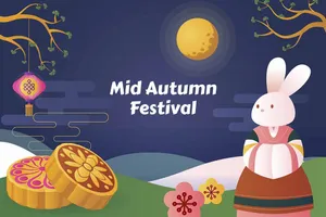 File Ai minh họa Trung Thu với thỏ trắng mặc áo truyền thống, bánh trung thu, trăng tròn và đèn lồng.
