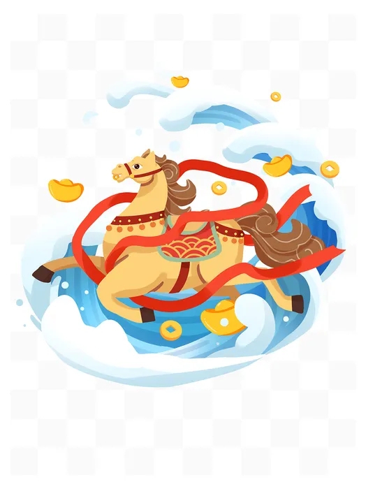 File PDS Ngựa chạy trên sóng dải lụa tiền vàng Tết.