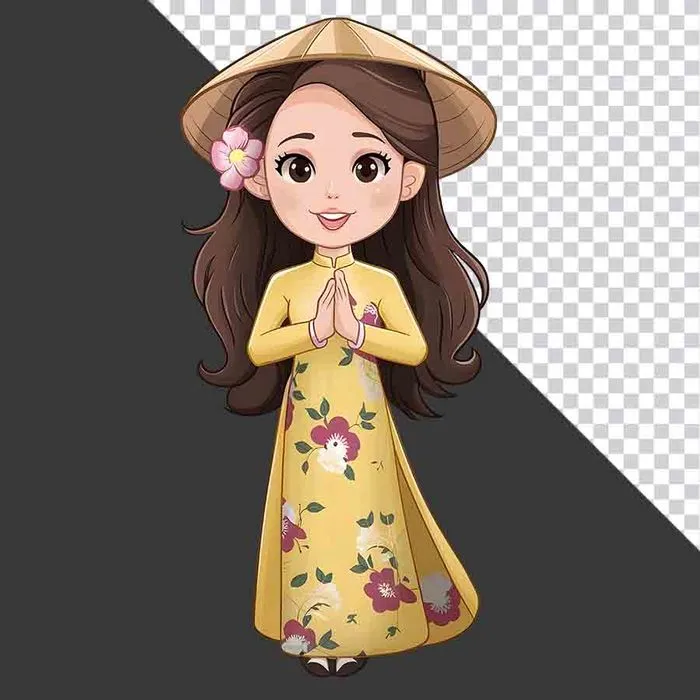 Hình ảnh cô gái mặc áo dài Việt Nam màu vàng đội nón lá chắp tay chào File PNG