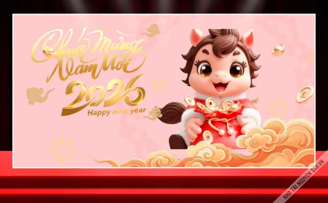 File Corel Chúc Mừng Năm Mới 2026 bé Trâu hoạt hình dễ thương