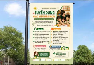 Mẫu thiết kế pano tuyển dụng giáo viên mầm non trường mầm non Kim Đan File Corel