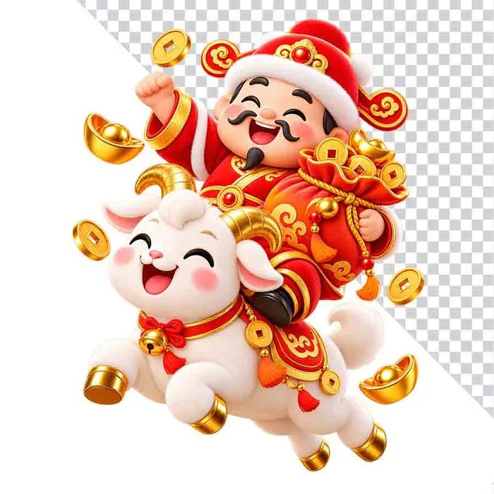 Ông Thần Tài cưỡi dê cừu để phát lộc Tết 2027.png