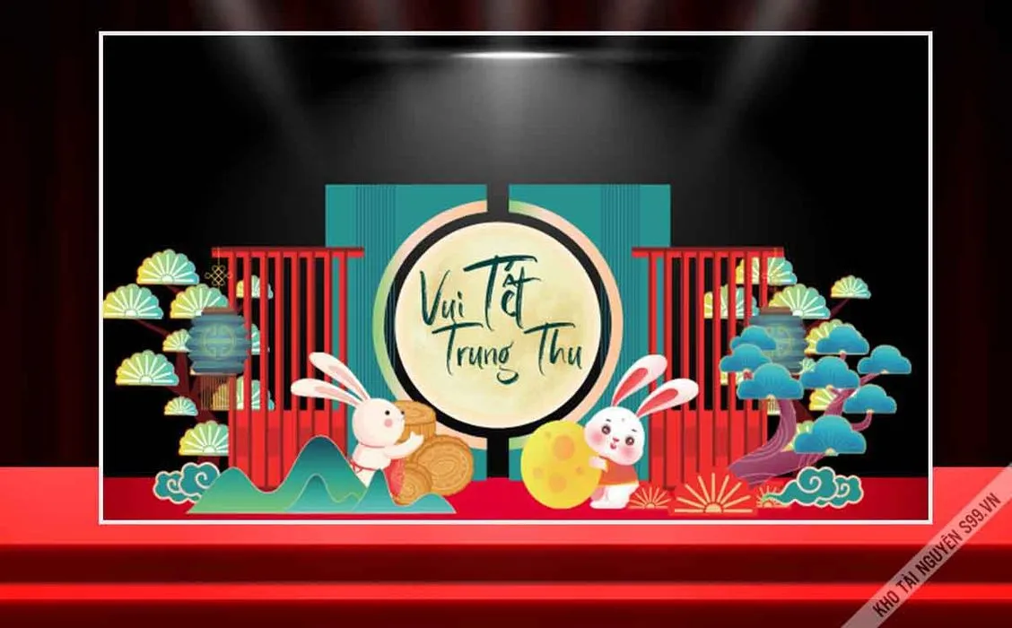 File Corel Vui Tết Trung Thu 2025 Thỏ Ngọc Bánh Trung Thu Cây Tùng Trăng Rằm Phông Sân Khấu Đẹp
