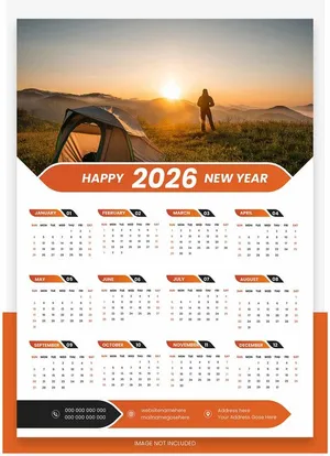 Lịch treo tường 2026 vector phong cảnh bình minh, phối màu cam trắng hiện đại
