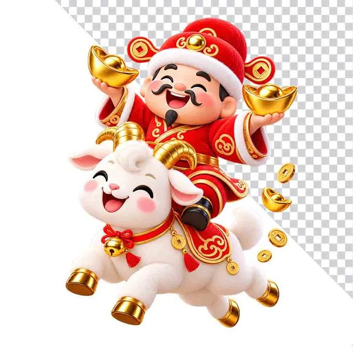 Ông Thần Tài hai tay bưng thỏi vàng cưỡi dê trắng phi nước đại.png