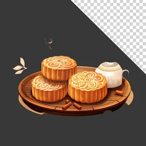 Bánh trung thu vẽ tay trên khay gỗ – File PNG không nền