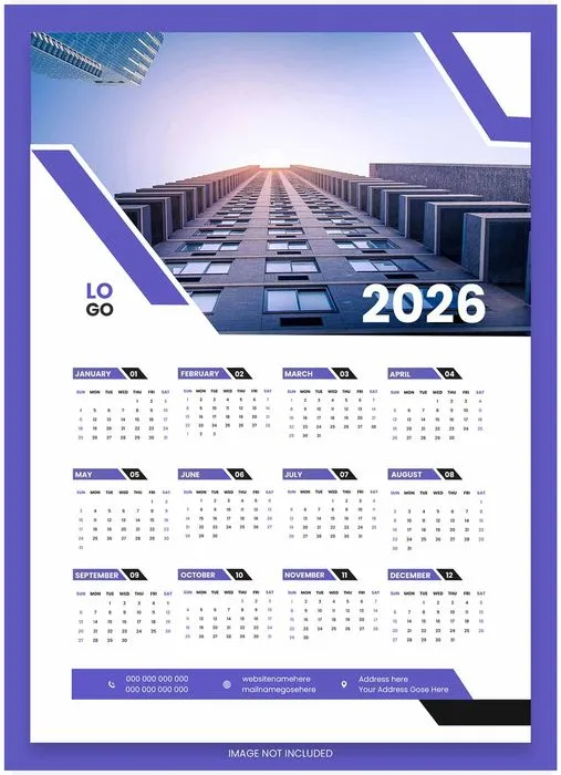 Thiết kế lịch treo tường 2026 vector tông tím, ảnh tòa nhà hiện đại