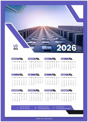 Thiết kế lịch treo tường 2026 vector tông tím, ảnh tòa nhà hiện đại