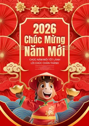 File PSD Thiết kế Tết 2026 ngựa 3D đội nón lá cầm vàng chúc mừng năm mới.