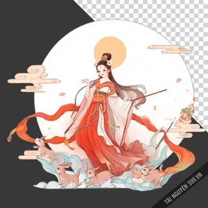 Chị Hằng PNG váy đỏ trắng bên đàn thỏ ngọc – Hình minh họa Trung Thu