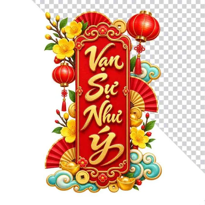 File PNG - Liễn Vạn Sự Như Ý hoa mai cành lồng đèn đỏ