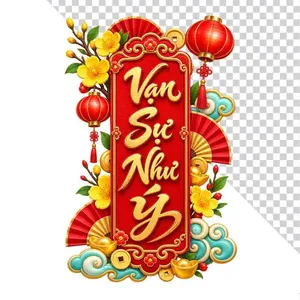 File PNG - Liễn Vạn Sự Như Ý hoa mai cành lồng đèn đỏ
