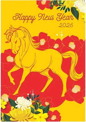 Happy New Year 2026 – Ngựa vàng giữa hoa đào và cúc Tết – File Vector
