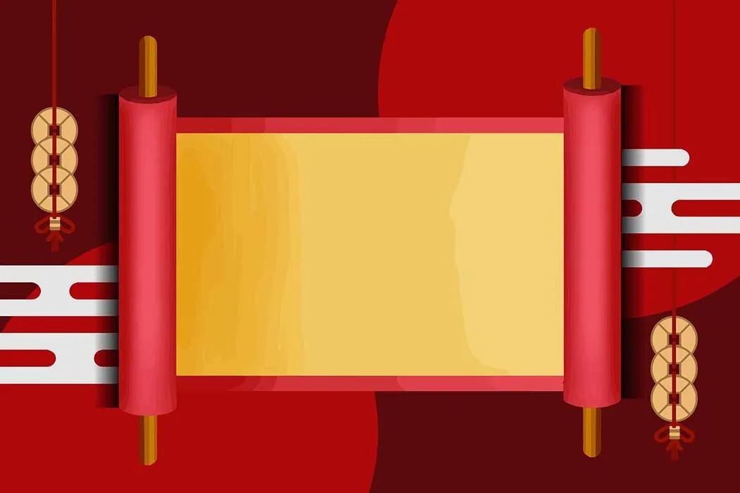 Cuốn thư Tết nền vàng đồng xu Vector