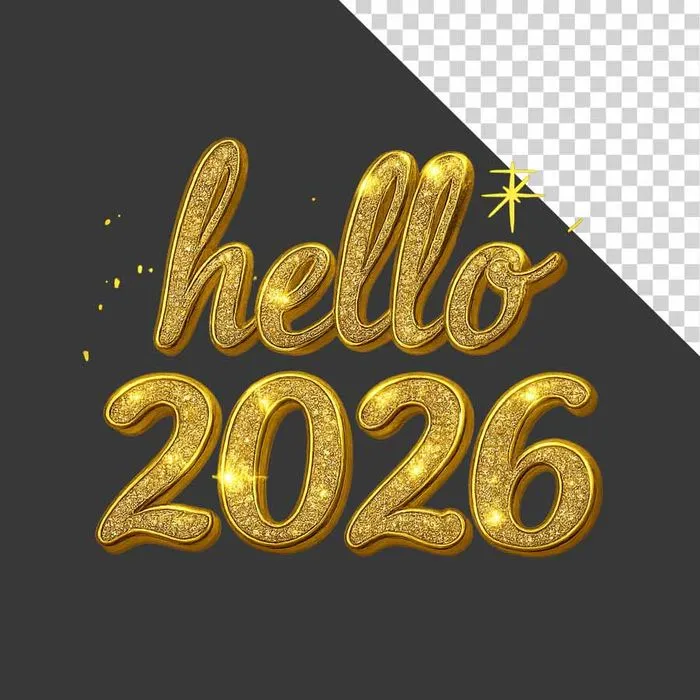 Hello 2026 chữ vàng lấp lánh ánh kim File PNG