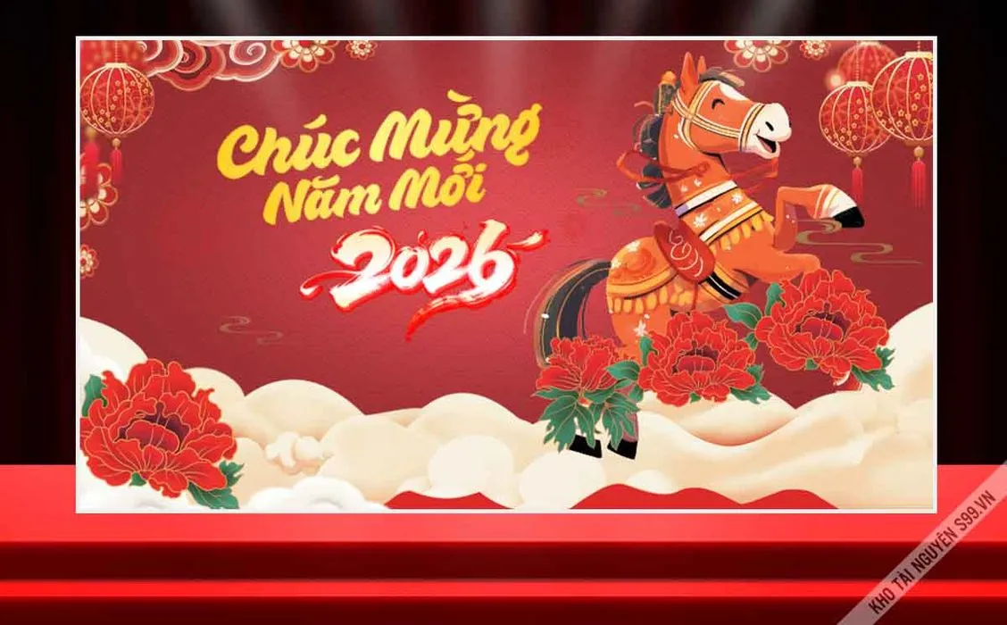 Chúc mừng năm mới 2026 ngựa hoạt hình hoa mẫu đơn đỏ - File corel