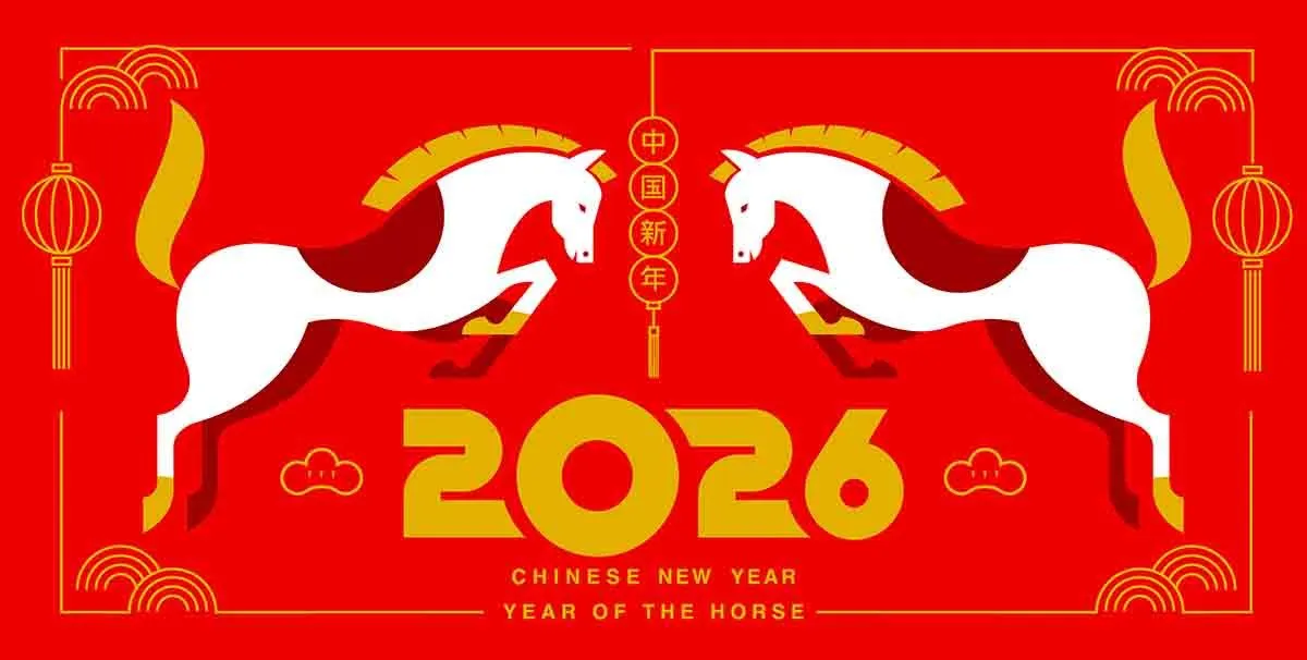Thiệp Tết 2026 Ngựa Trắng Song Đôi Đỏ Vàng
