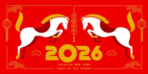 Thiệp Tết 2026 Ngựa Trắng Song Đôi Đỏ Vàng