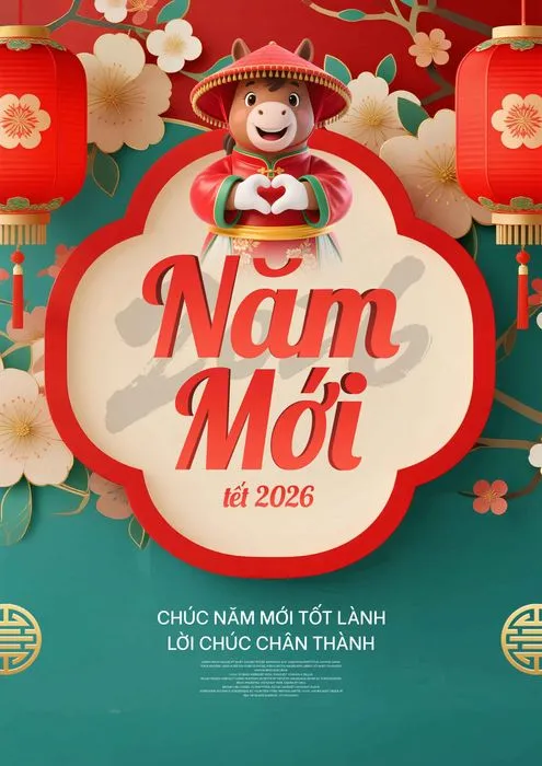 File PSD Poster Năm Mới Tết 2026 với ngựa đội nón