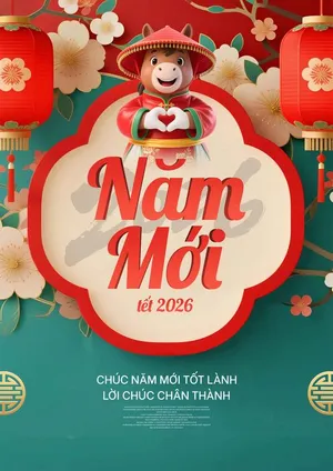 File PSD Poster Năm Mới Tết 2026 với ngựa đội nón
