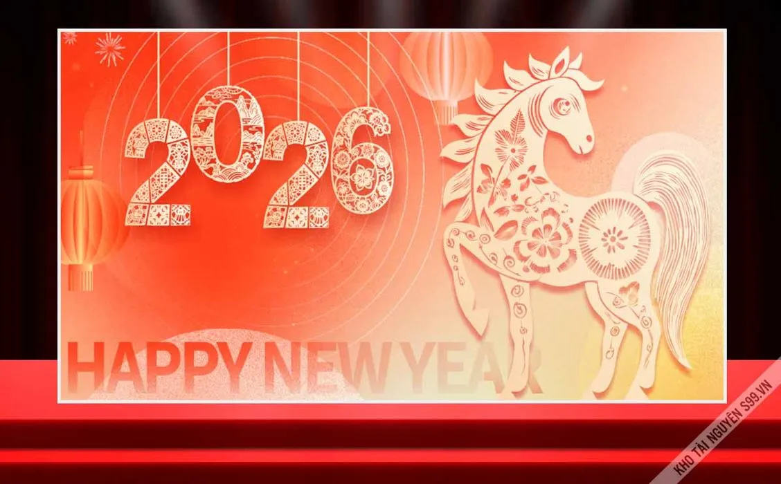 Tranh ngựa cắt giấy nghệ thuật Chúc mừng năm mới 2026 nền cam hoa văn File corel