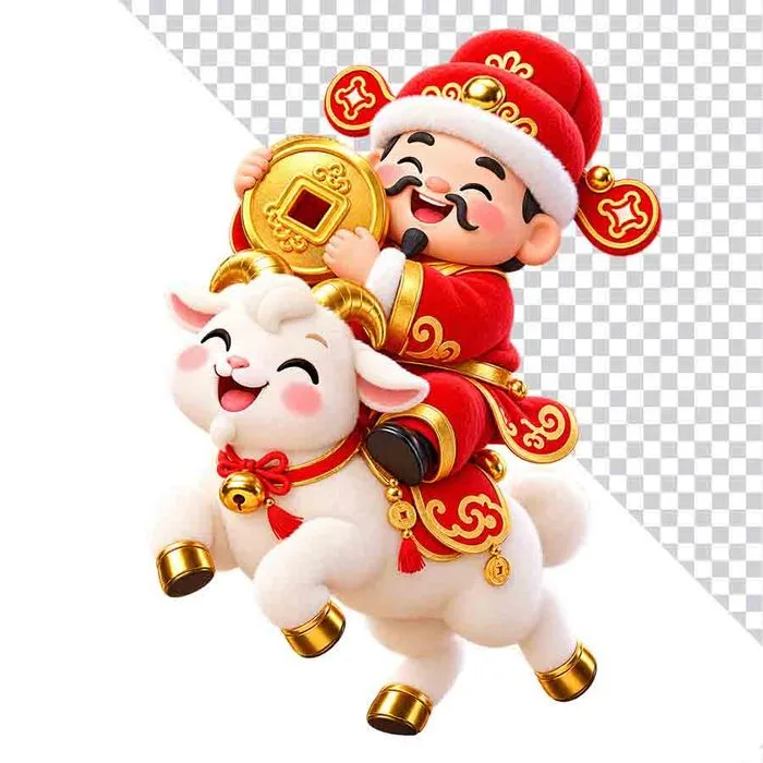File PNG - Ông Thần Tài ôm đồng tiền vàng cổ lớn cưỡi dê trắng