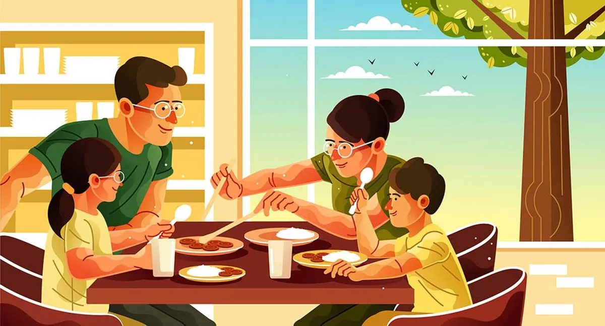 Hình ảnh gia đình quây quần ăn cơm trong ngôi nhà ấm áp - File vector AI