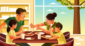 Hình ảnh gia đình quây quần ăn cơm trong ngôi nhà ấm áp - File vector AI