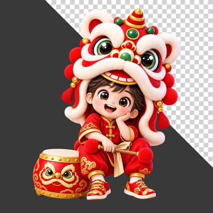 File PNG - Hình ảnh em bé trai mặc áo dài đỏ đội đầu lân ngồi cạnh trống hội