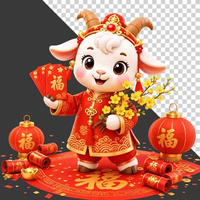 File PNG - Hình nền con dê đón tết cầm bao lì xì và cành mai